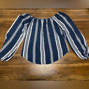 Off-the-shoulder Flowy Navy and White Striped Off-the-Shoulder Long Sleeved Top